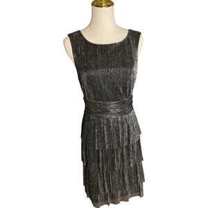 Connected Apparel Womens 6 Black Silver Metallic Dress Pleated Sleeveless Stripe